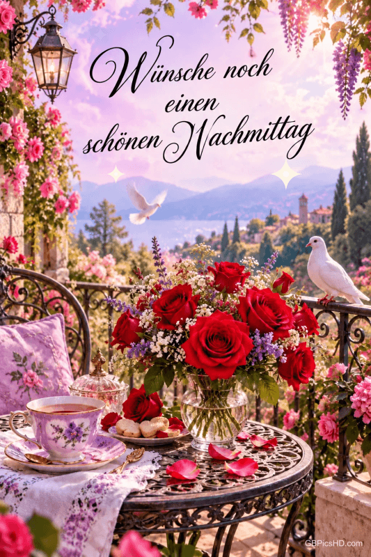Rote Rosen und eine Teetasse auf einem Balkontisch, zwei weiße Tauben und "Wünsche noch einen schönen Nachmittag".
