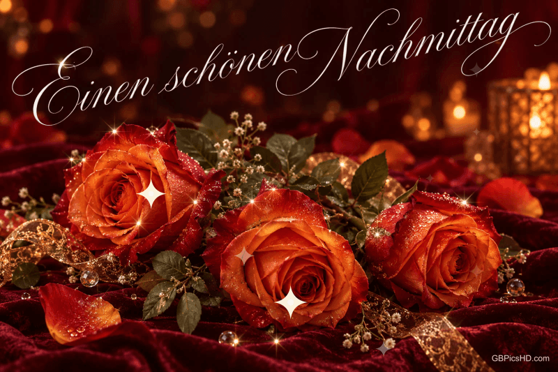 Drei orangefarbene Rosen mit Glitzer auf dunkelrotem Samt vor warmen Lichtern und "Einen schönen Nachmittag".