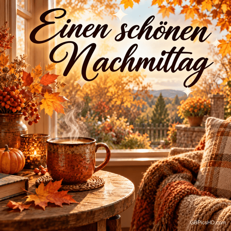 Eine dampfende Tasse am Fenster mit Herbstlaub und einer gemütlichen Decke: "Einen schönen Nachmittag".