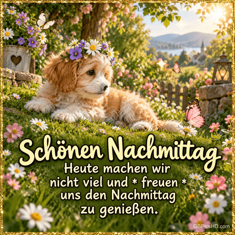 Ein Welpe mit Blumenkranz: "Schönen Nachmittag Heute machen wir nicht viel und * freuen * uns den Nachmittag zu genießen."