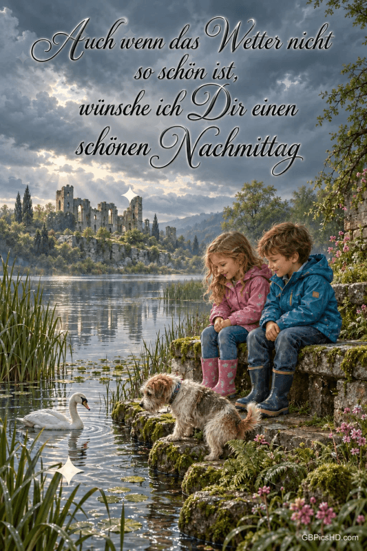 Zwei Kinder und ein Hund am See mit einem Schwan: "Auch wenn das Wetter nicht so schön ist, wünsche ich Dir einen schönen Nachmittag".