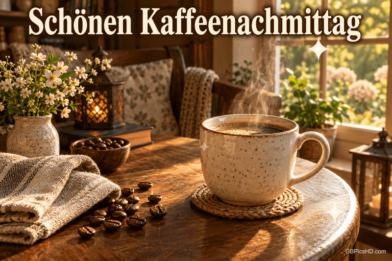 Eine dampfende Kaffeetasse steht mit Blumen und Kaffeebohnen auf einem Holztisch mit dem Gruß "Schönen Kaffeenachmittag".