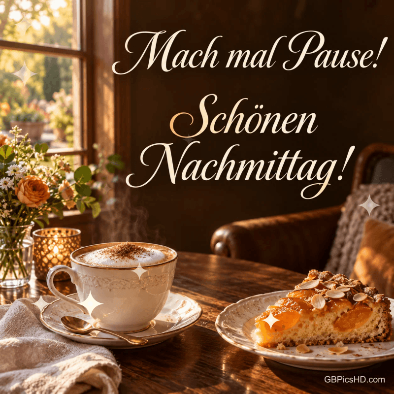 Kaffee und ein Stück Kuchen auf einem Holztisch am Fenster: "Mach mal Pause! Schönen Nachmittag!".