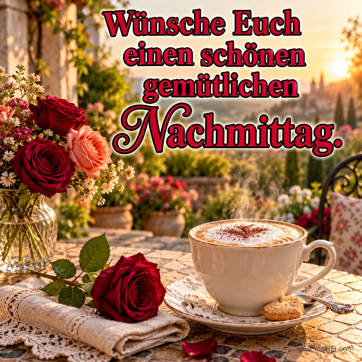 Kaffee, Keks und Rosen auf einer Terrasse im Abendlicht mit "Wünsche Euch einen schönen gemütlichen Nachmittag."