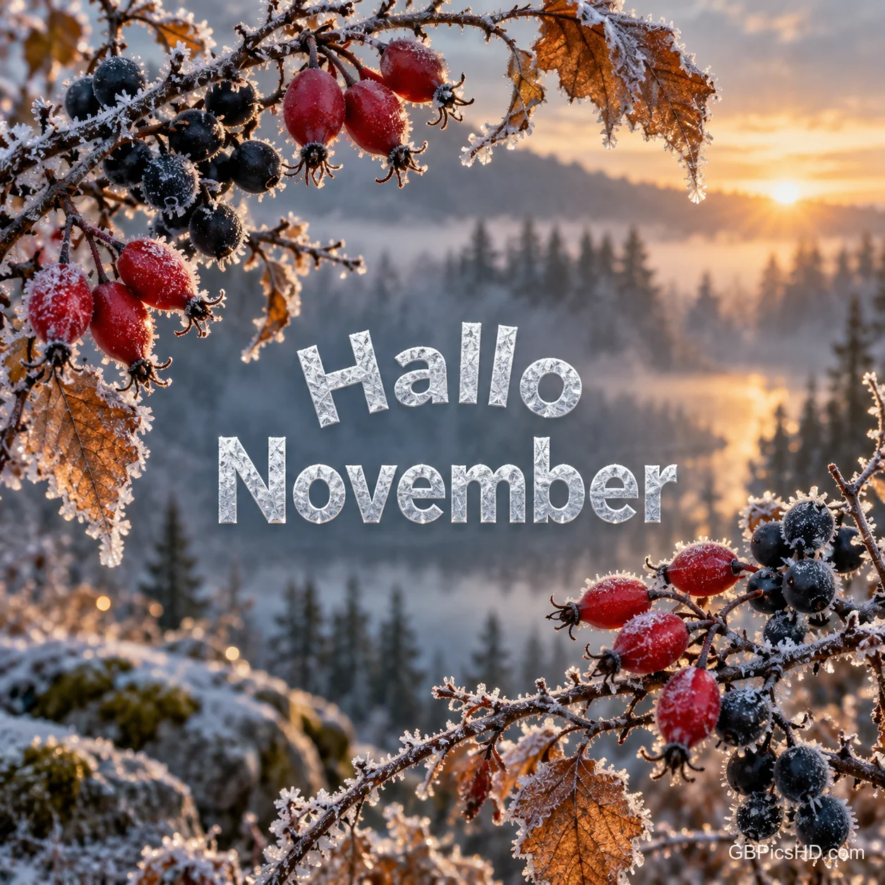 Mit Raureif überzogene Hagebutten und dunkle Beeren an Zweigen vor einer nebligen Waldlandschaft im Sonnenaufgang, mittig der funkelnde Schriftzug "Hallo November"