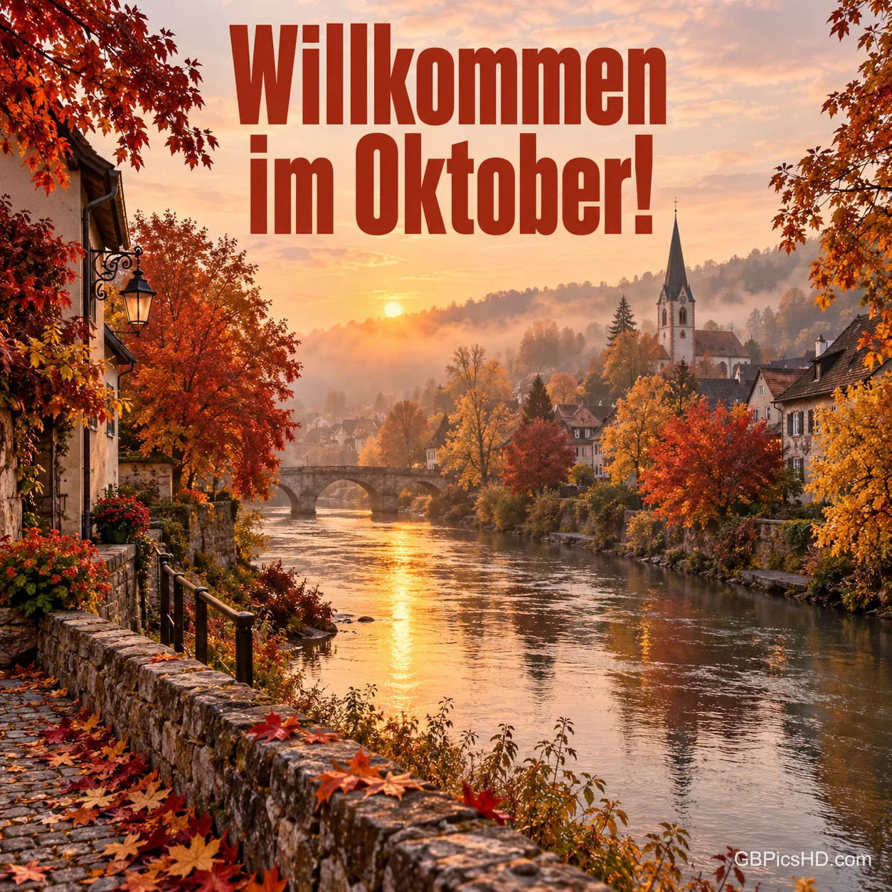 Ein Fluss mit Steinbrücke fließt durch ein Dorf mit Kirchturm, umgeben von rot und orange gefärbten Bäumen im warmen Abendlicht, oben "Willkommen im Oktober!"