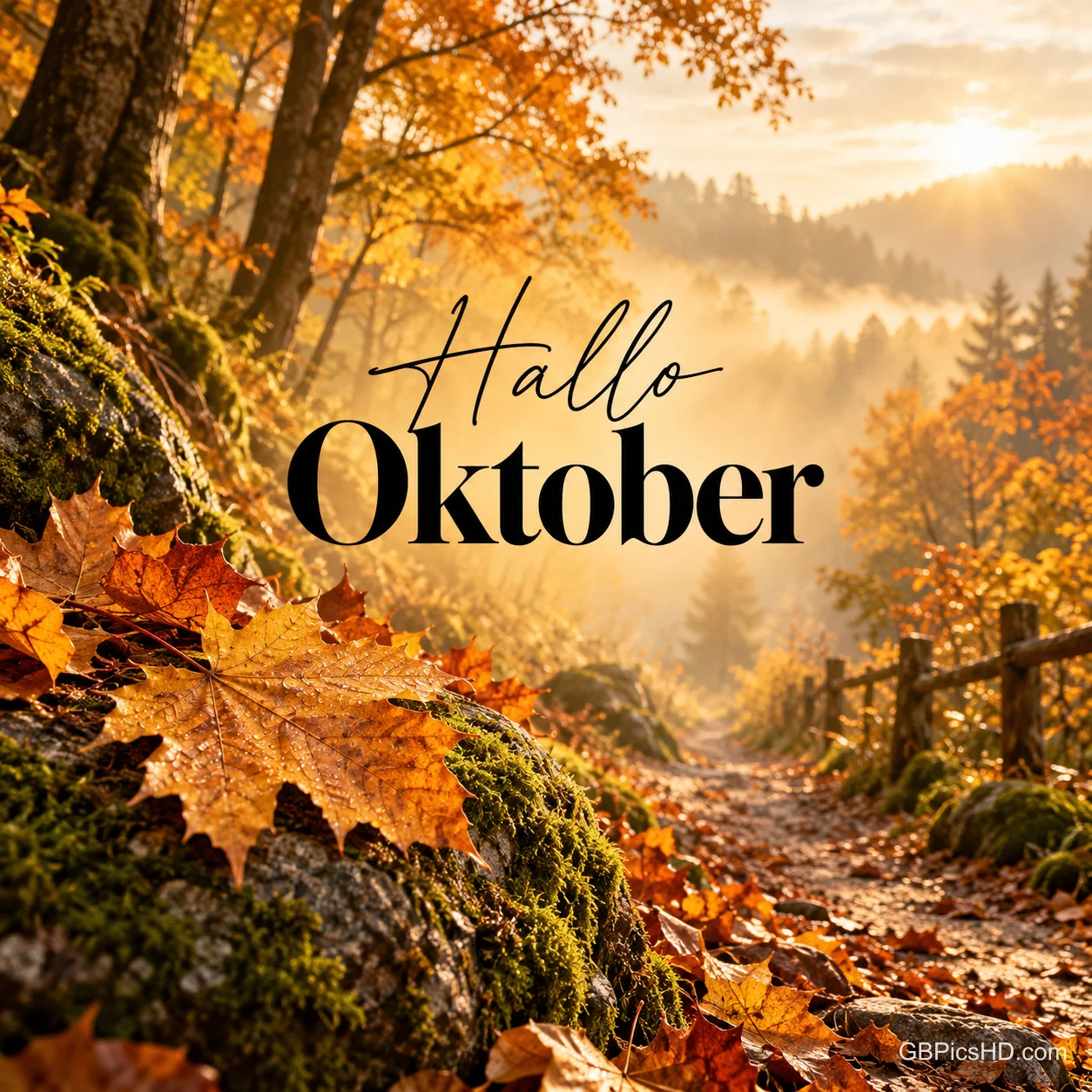 Ein moosiger Waldrand mit großen Ahornblättern, einem Holzzaun und nebeligen Hügeln im goldenen Licht, darüber der elegante Schriftzug "Hallo Oktober"