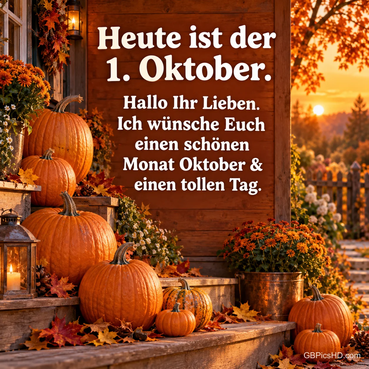Kürbisse auf Holzstufen vor einem Hauseingang mit Laternen und Herbstblumen bei Sonnenuntergang, daneben ein Gruß zum 1. Oktober mit Wünschen für einen schönen Monat