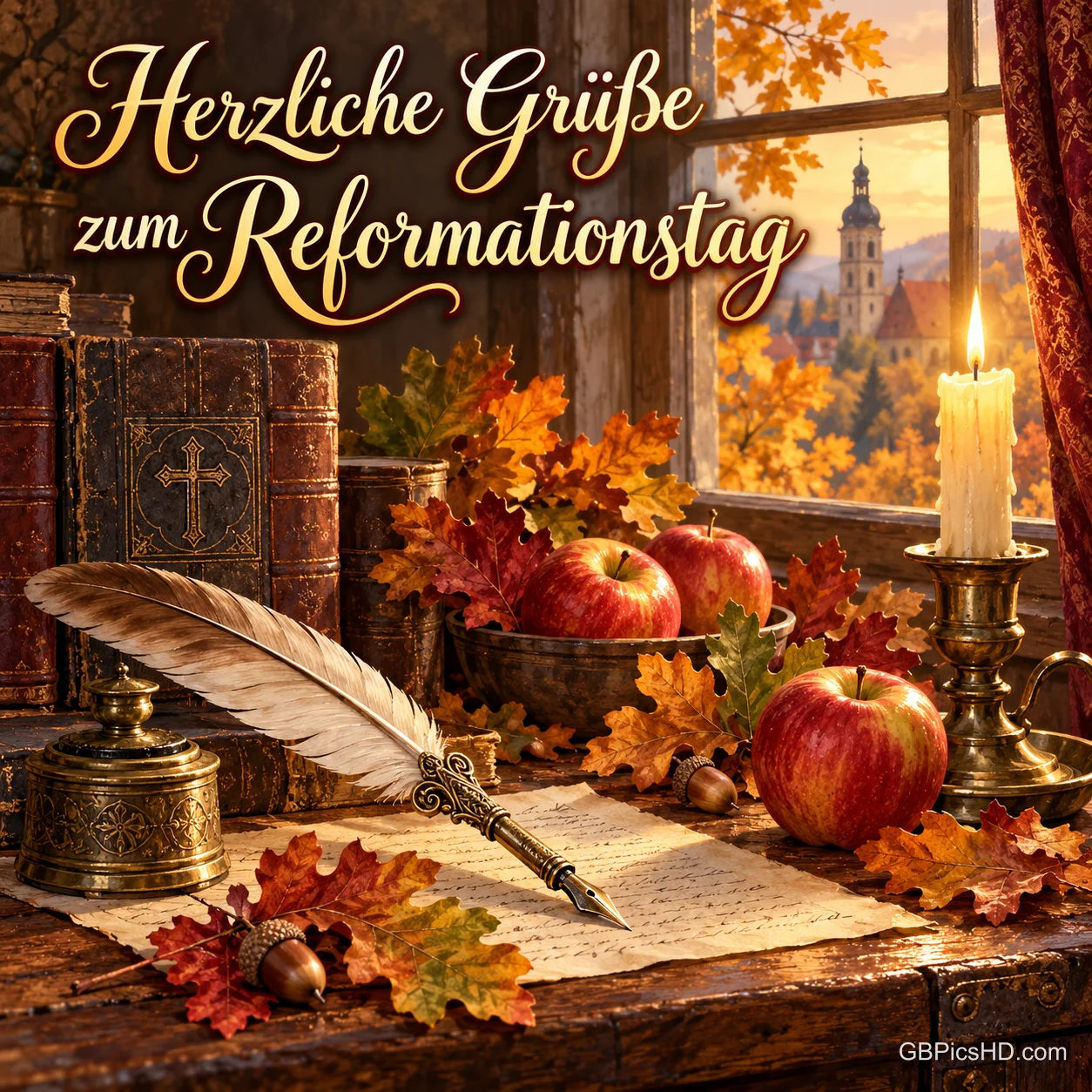 Ein Schreibtisch am Fenster mit Federkiel, Tintenfass, alten Büchern, Äpfeln, Eichenlaub und brennender Kerze, darüber "Herzliche Grüße zum Reformationstag".