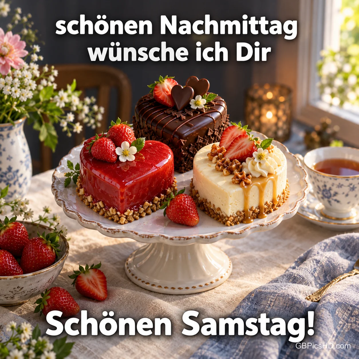 Drei herzförmige Törtchen mit Erdbeeren auf einer Etagere mit "Schönen Nachmittag wünsche ich Dir Schönen Samstag!".