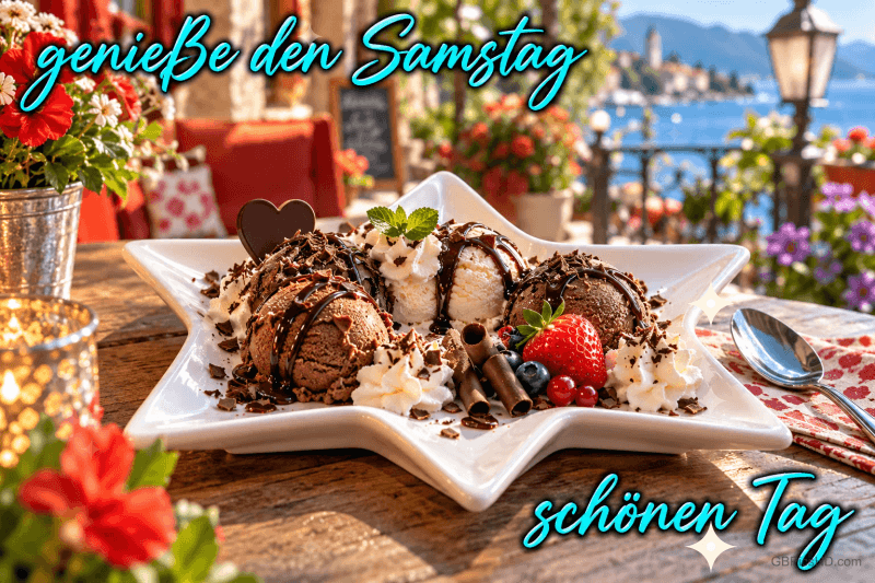 Schokoladeneis, Sahne und Beeren auf einem sternförmigen Teller am See mit "Genieße den Samstag Schönen Tag".