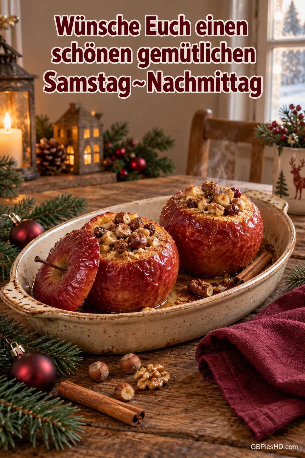 Zwei Bratäpfel mit Nüssen in einer Schale bei Kerzenlicht mit "Wünsche Euch einen schönen gemütlichen Samstag~Nachmittag".
