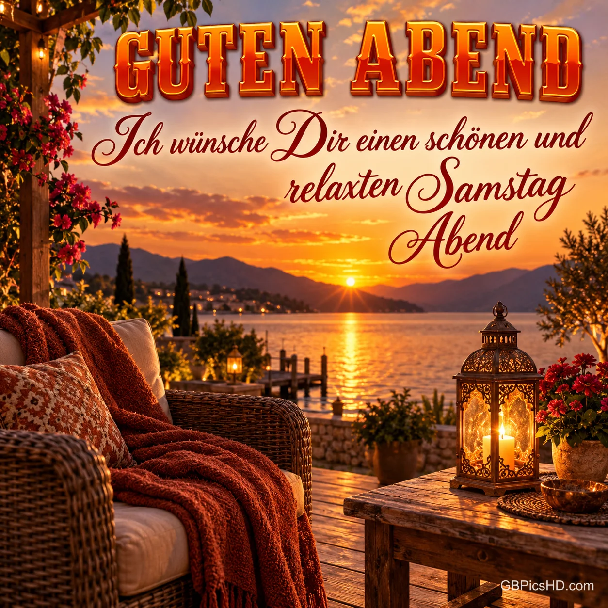 Gemütliche Terrasse mit Korbsessel, roter Decke und leuchtender Laterne am See, die Sonne geht hinter Bergen unter, dazu ein relaxter Abendgruß zum Samstag