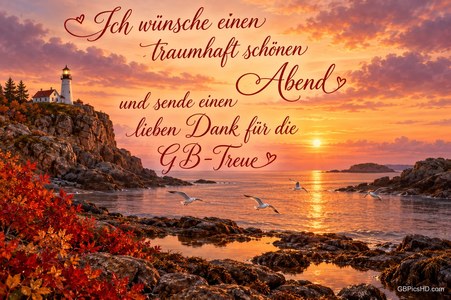 Ein Leuchtturm steht an der Küste im Sonnenuntergang: "Ich wünsche einen traumhaft schönen Abend".