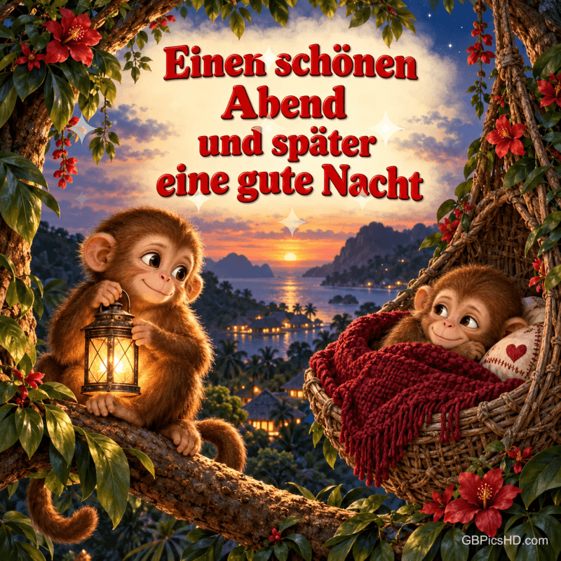 Ein Affe hält eine Laterne, ein zweiter liegt zugedeckt im Hängekorb: "Einen schönen Abend und später eine gute Nacht".