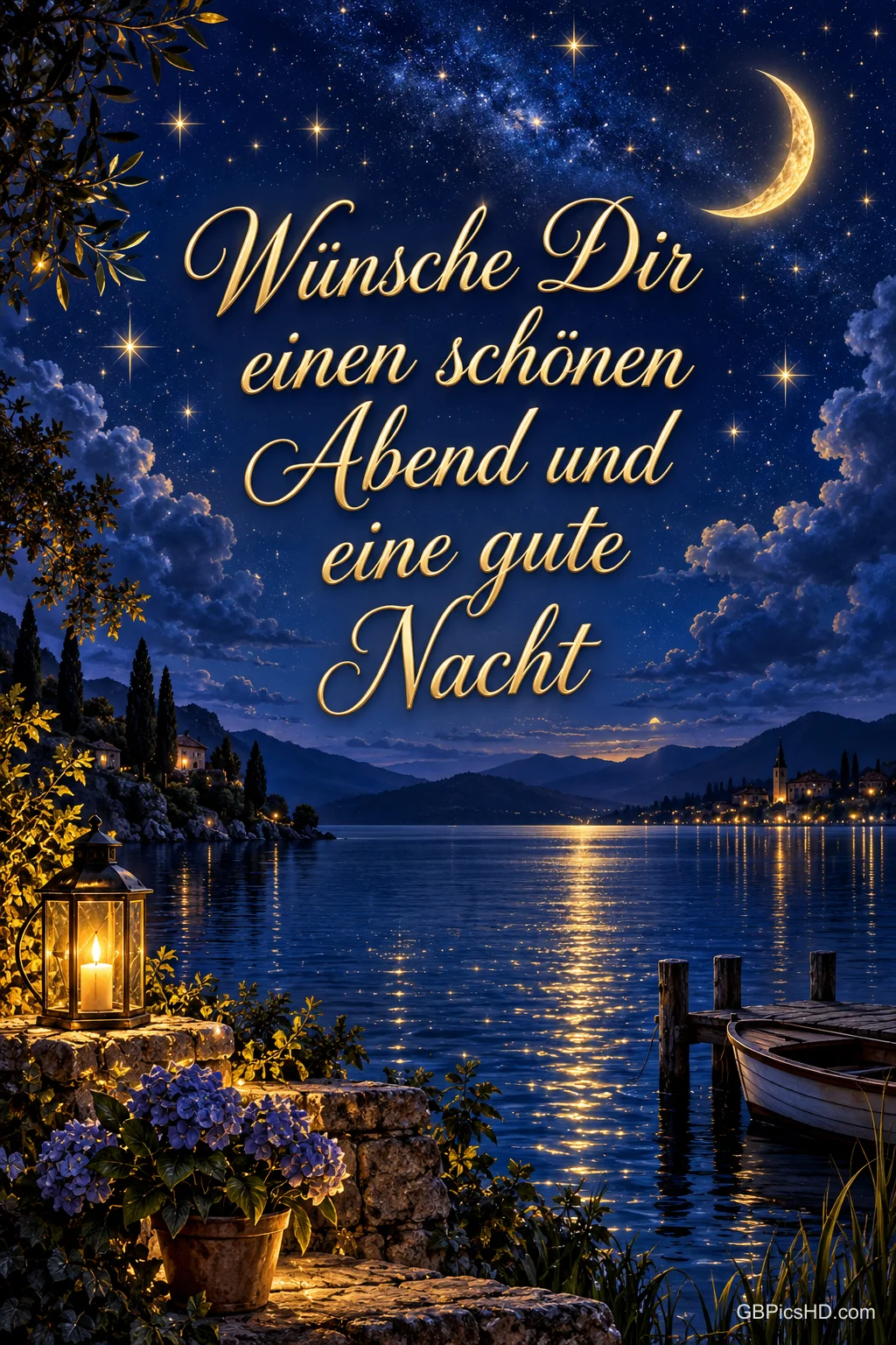 Mondsichel und Sterne leuchten über einem See mit Boot und Laterne: "Wünsche Dir einen schönen Abend und eine gute Nacht".