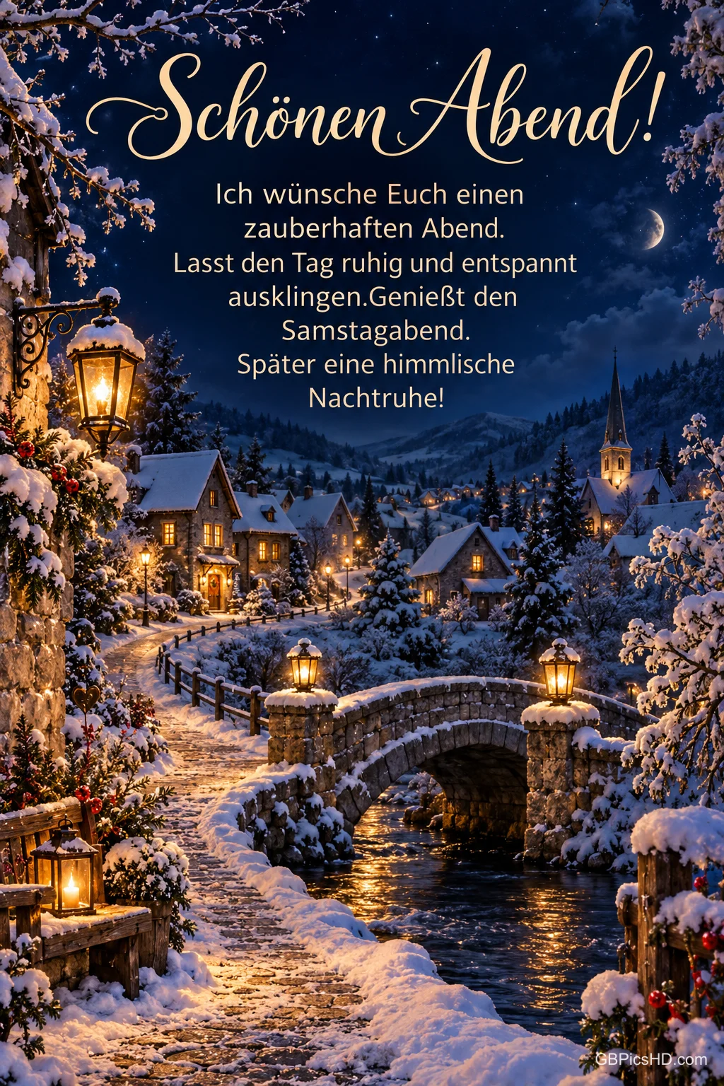 Laternen erhellen ein verschneites Dorf mit Steinbrücke über einem Bach; darüber steht "Schönen Abend!".
