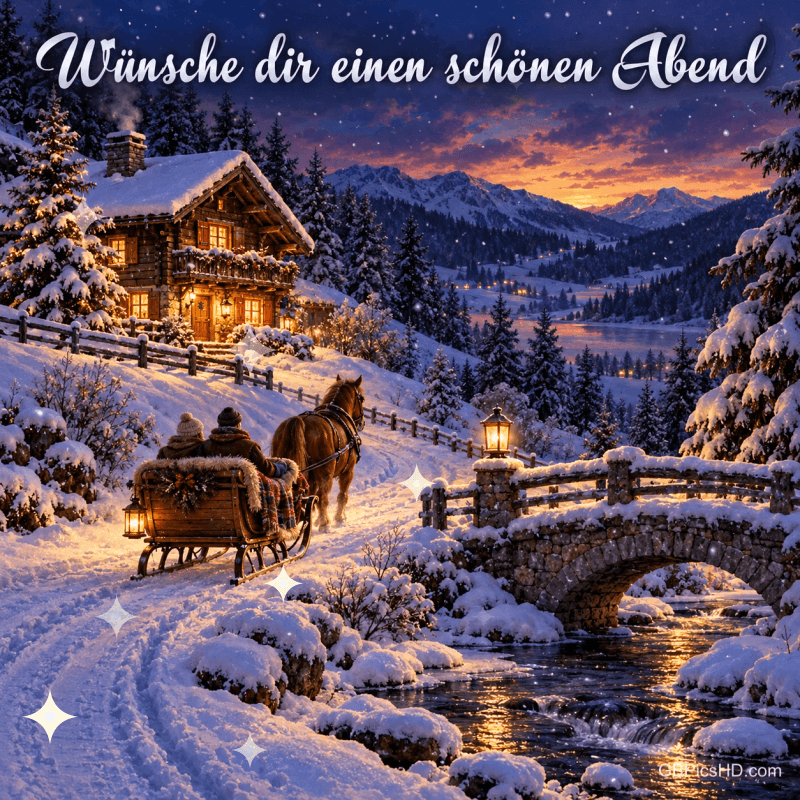 Ein Pferdeschlitten fährt durch eine verschneite Berglandschaft mit Holzhaus und Steinbrücke; "Wünsche dir einen schönen Abend".