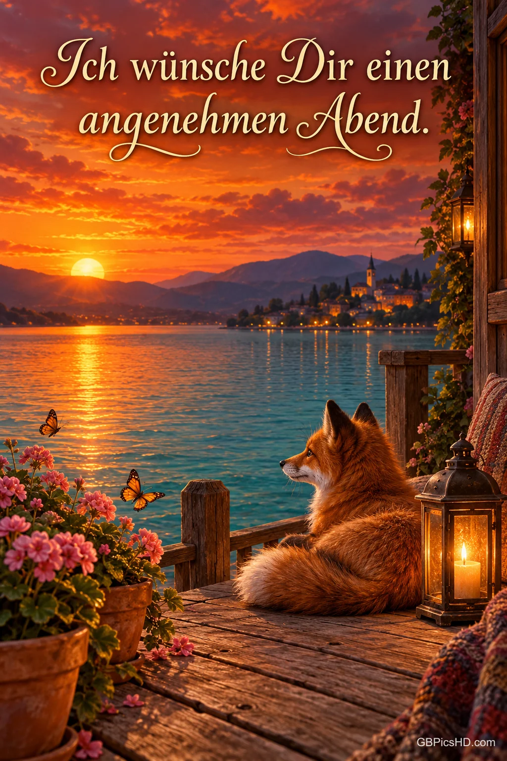 Ein Fuchs sitzt bei Laternen am See im Sonnenuntergang, darüber steht "Ich wünsche Dir einen angenehmen Abend.".