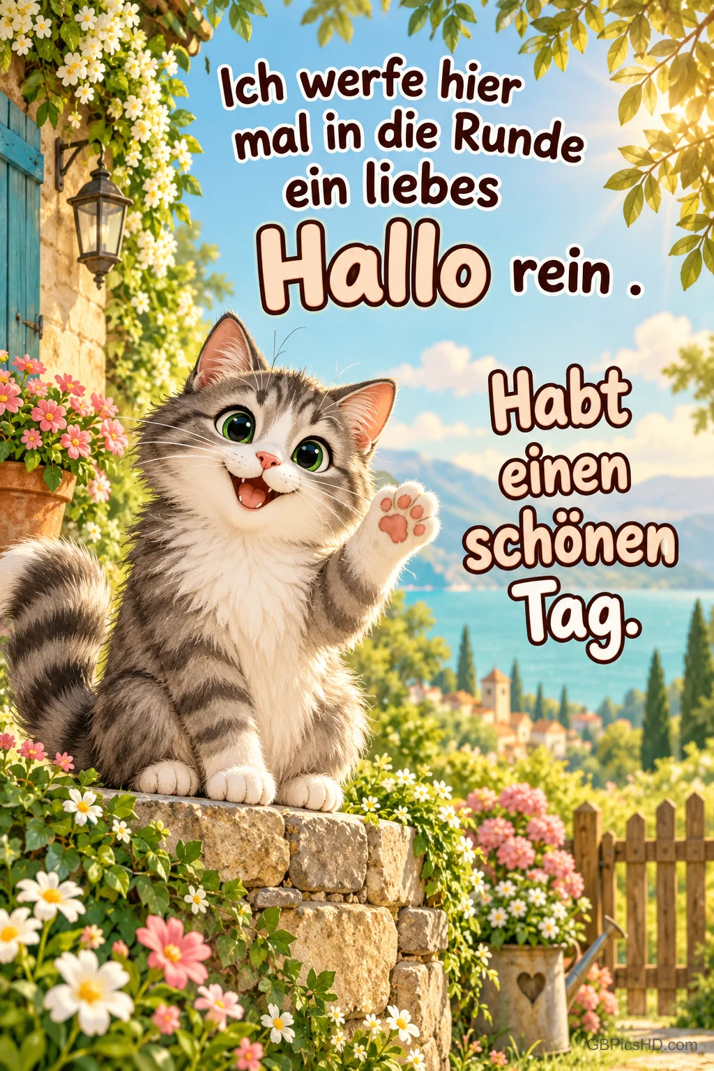 Ein Kätzchen hebt die Pfote auf einer blumenumgebenen Gartenmauer neben "Habt einen schönen Tag.".