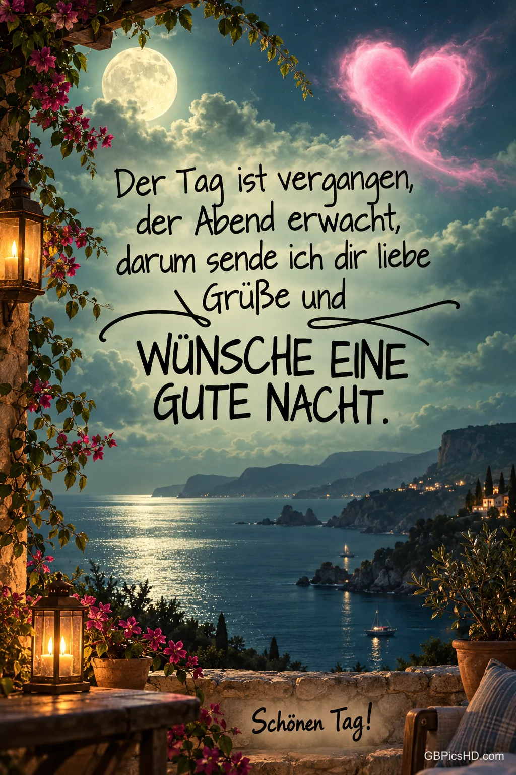 Mond und rosa Herz leuchten über einer Küstenbucht mit Laternen und dem Gruß "WÜNSCHE EINE GUTE NACHT.".