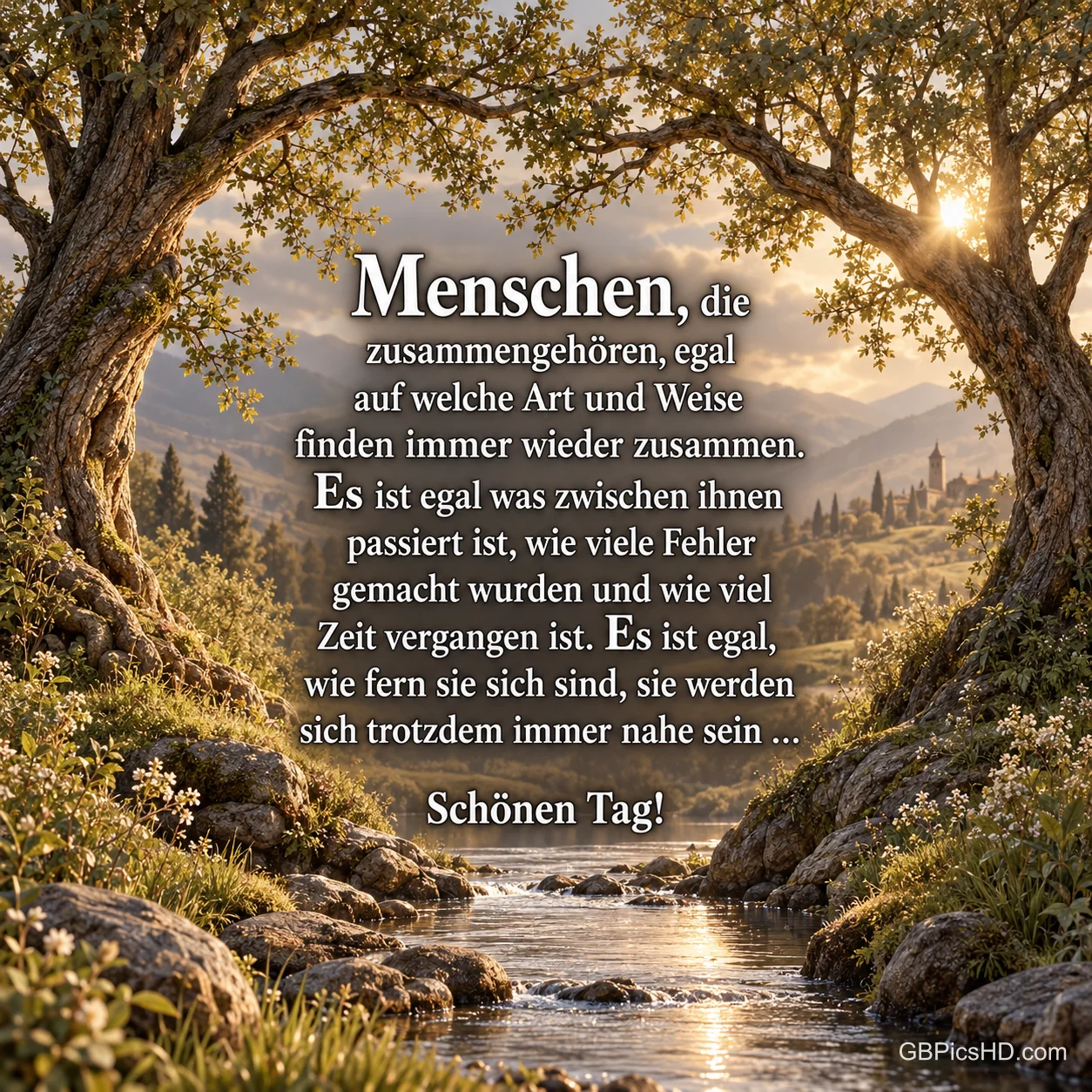 Zwei große Bäume rahmen einen Bach in einer sonnigen Berglandschaft mit dem Gruß "Schönen Tag!".