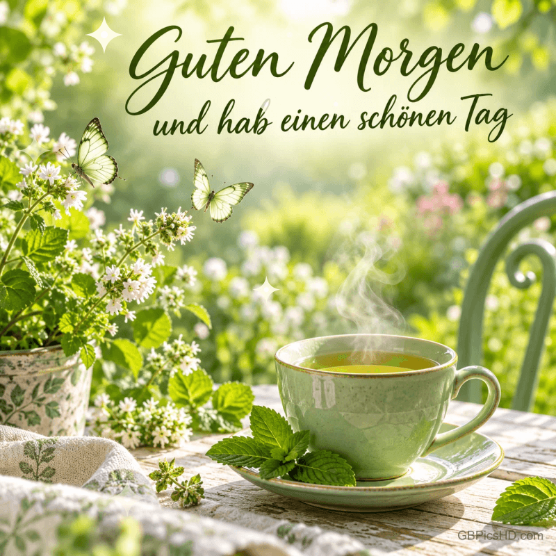 Eine dampfende grüne Tasse, Minze und Schmetterlinge im Garten mit "Guten Morgen und hab einen schönen Tag".