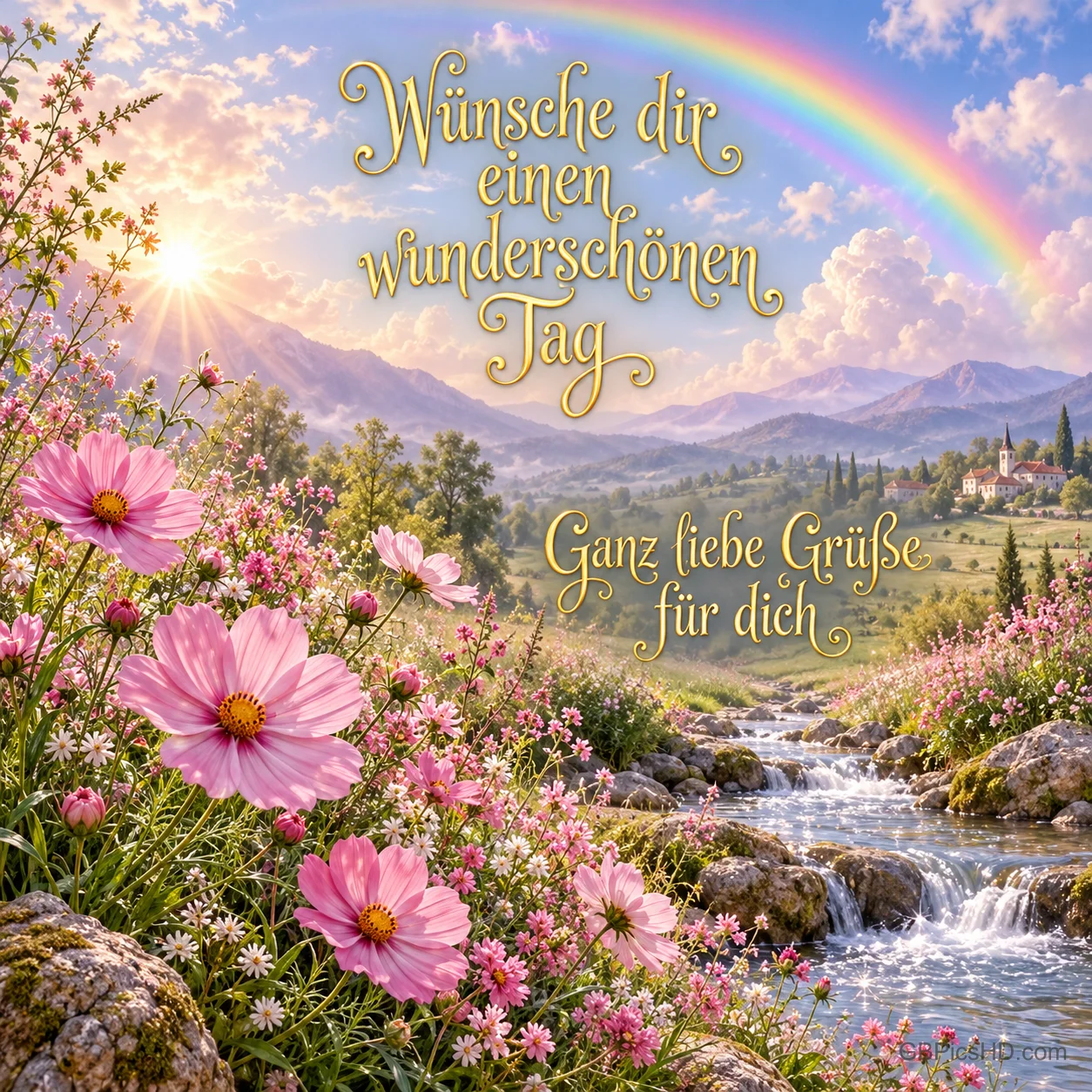 Ein Regenbogen über Bergen, rosa Blumen und einem Bach mit "Wünsche dir einen wunderschönen Tag Ganz liebe Grüße für dich".