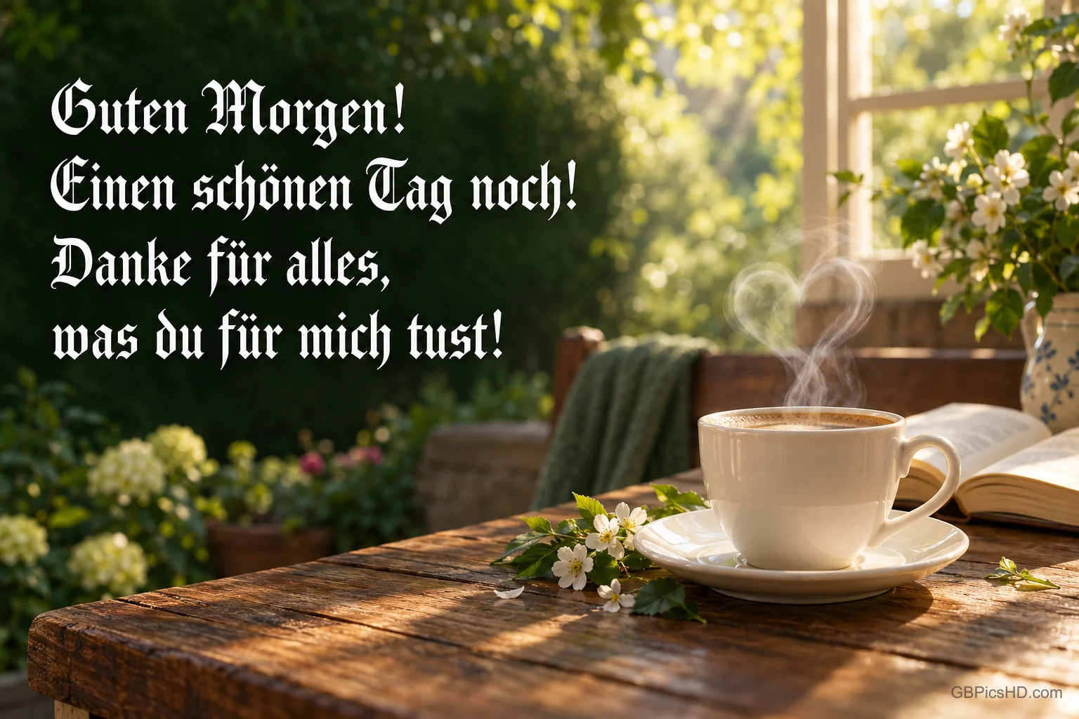 Eine dampfende Tasse steht neben einem Buch auf einem Gartentisch mit dem Gruß "Guten Morgen! Einen schönen Tag noch!".