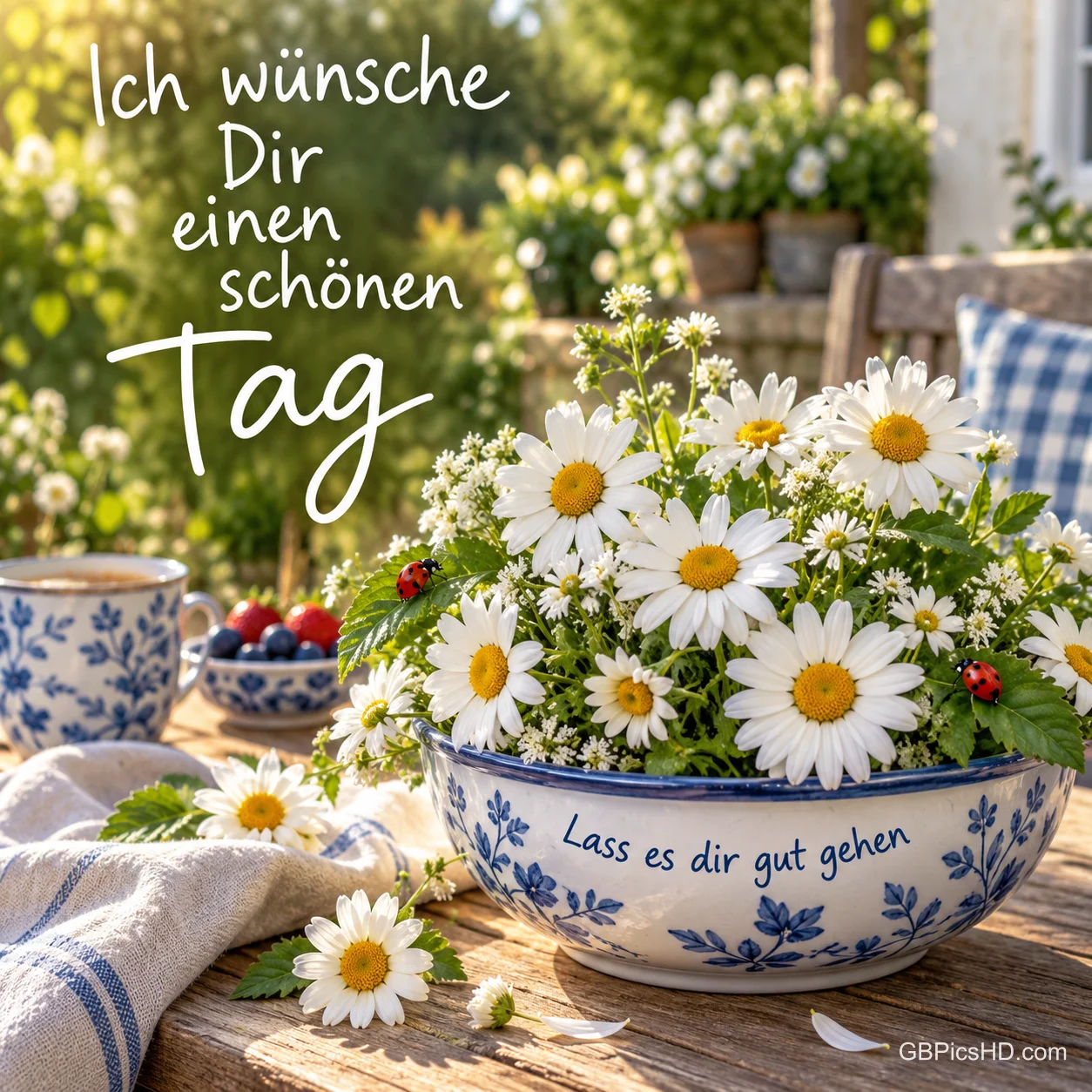 Margeriten und Marienkäfer in einer blauweißen Schale mit "Ich wünsche Dir einen schönen Tag Lass es dir gut gehen".