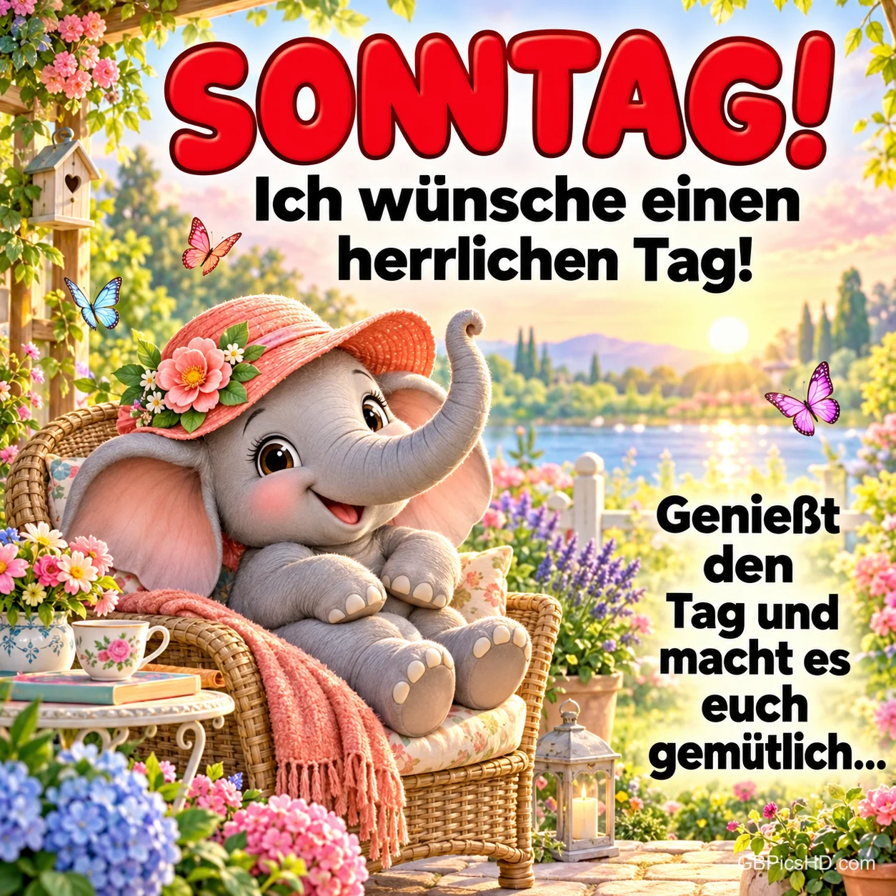 Ein lächelnder Elefant mit rosa Hut sitzt im Korbsessel am See neben "Genießt den Tag und macht es euch gemütlich...".