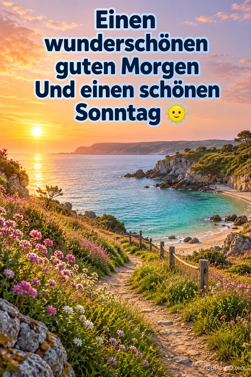 Ein Blumenpfad führt bei Sonnenaufgang zur Meeresbucht mit dem Gruß "Einen wunderschönen guten Morgen und einen schönen Sonntag 🌞".