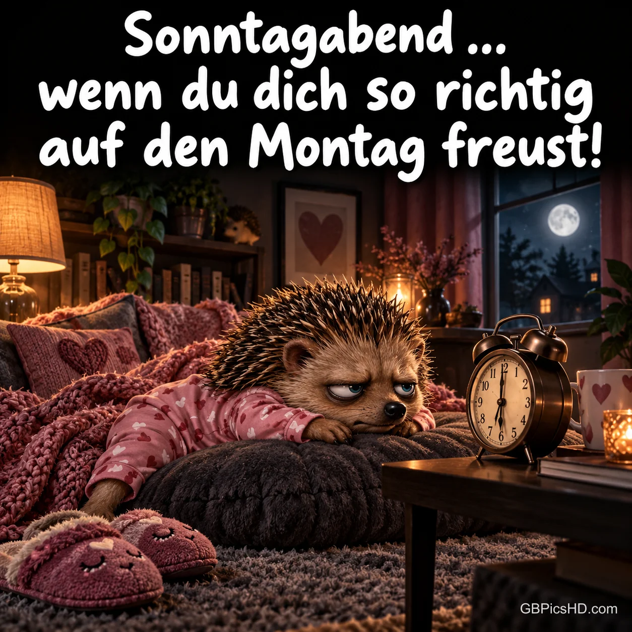 Mürrischer Igel im rosa Schlafanzug liegt auf einem Kissen im gemütlichen Wohnzimmer, daneben ein Wecker und Hausschuhe, dazu ein Spruch über die Vorfreude auf den Montag