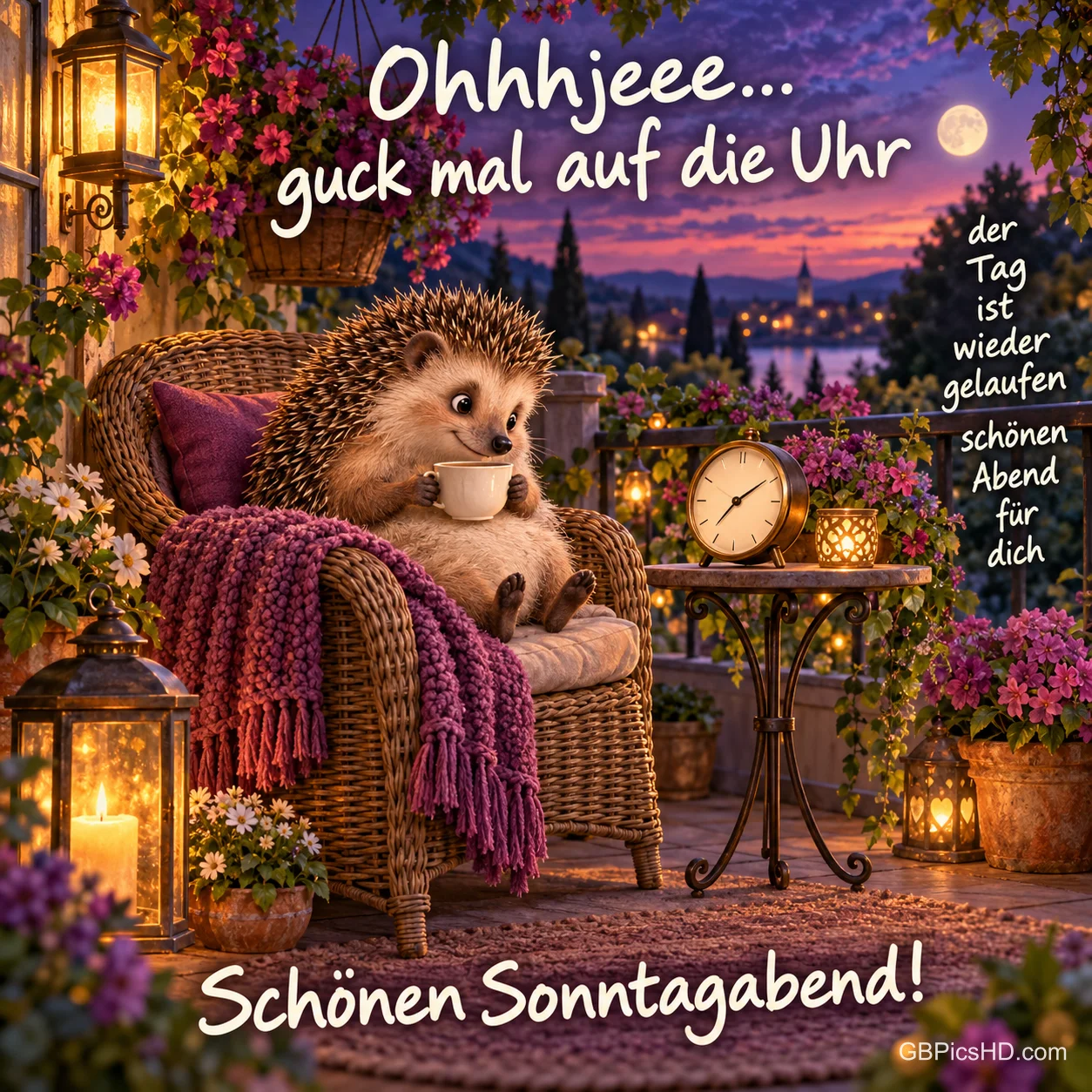 Niedlicher Igel mit Teetasse sitzt im Korbsessel auf einer blühenden Terrasse mit Laternen und Uhr, im Hintergrund Abendhimmel und Mond, dazu ein lustiger Sonntagabendgruß