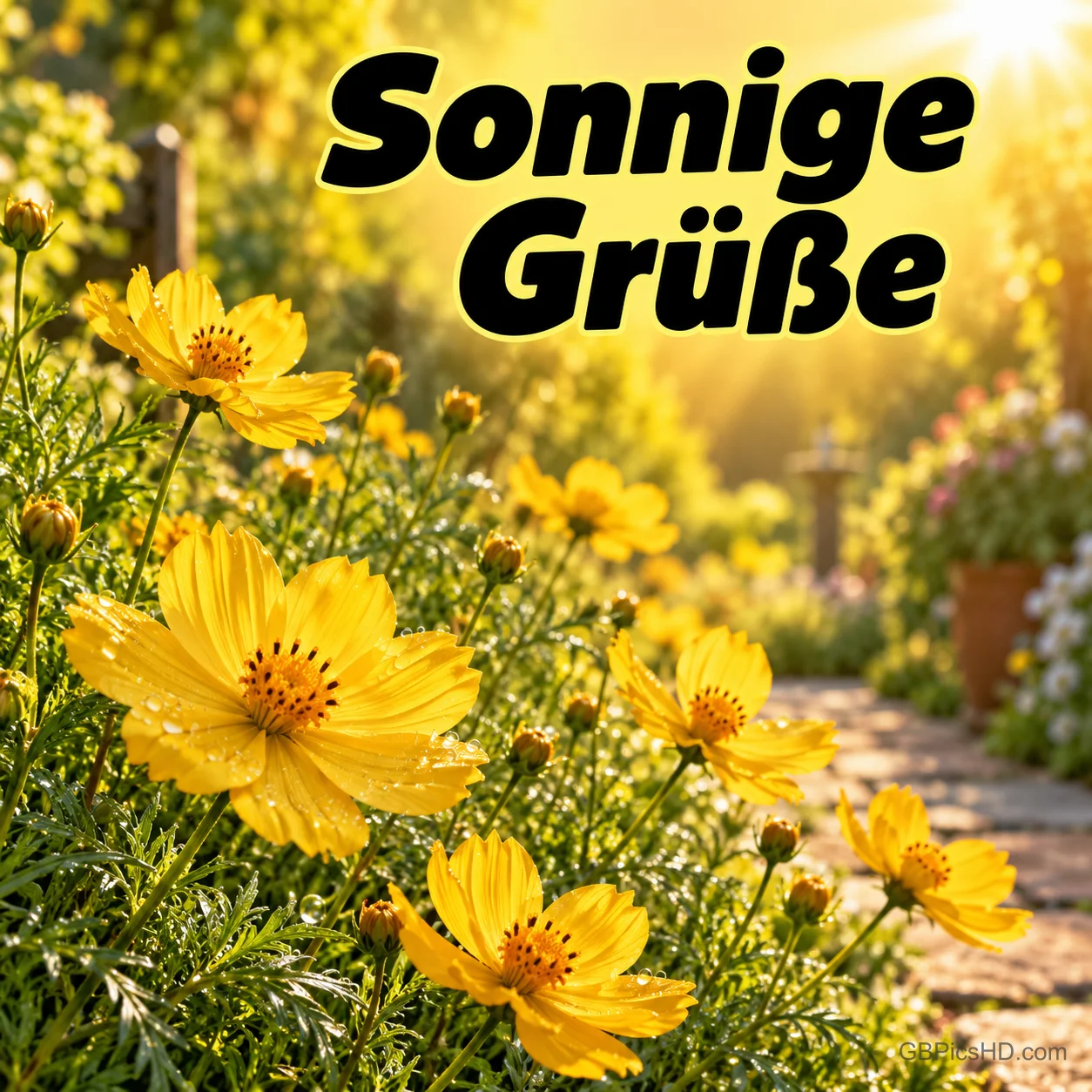 Gelbe Schmuckkörbchen leuchten in einem sonnigen Garten mit dem Schriftzug "Sonnige Grüße".