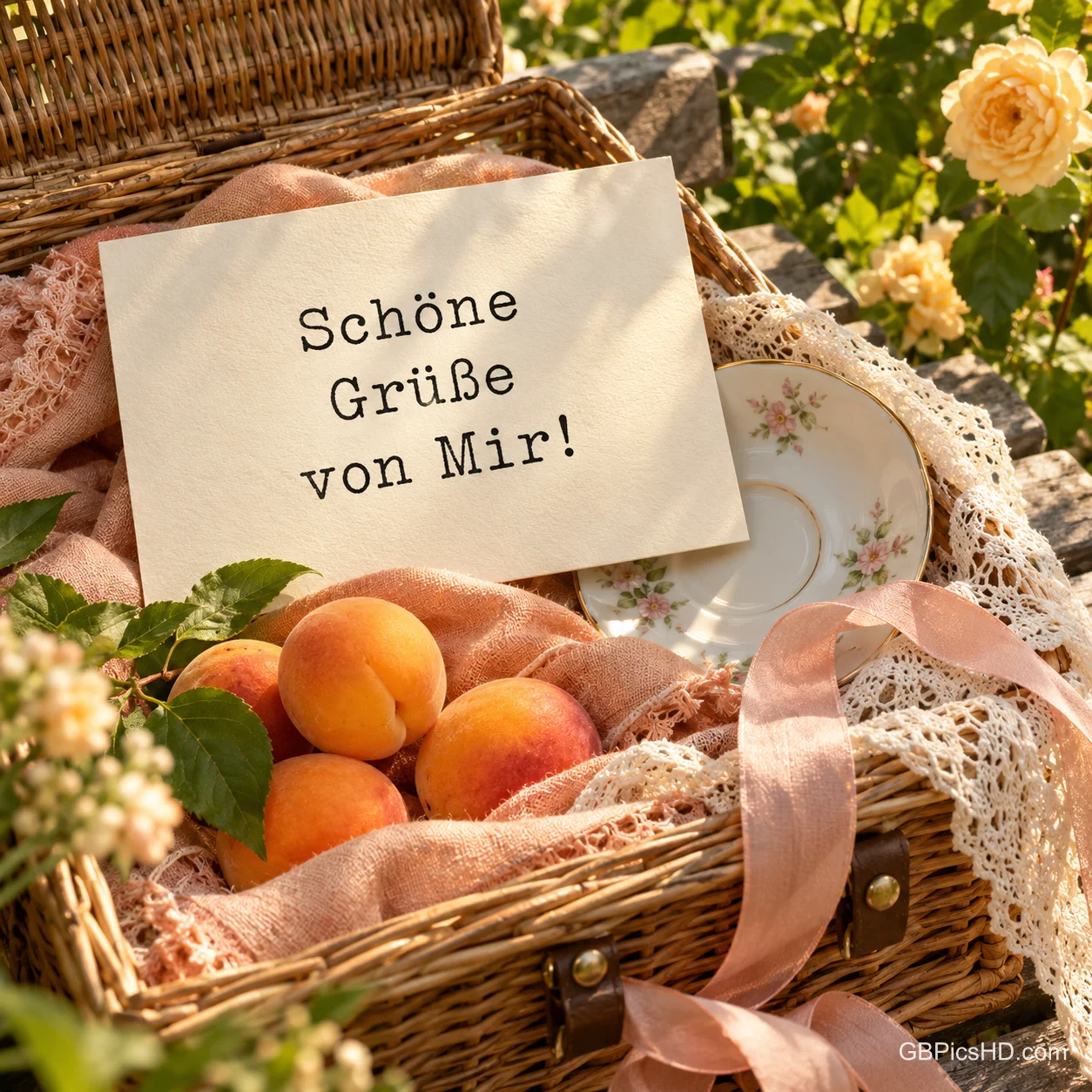 In einem Picknickkorb liegt eine Karte mit "Schöne Grüße von Mir!" neben Aprikosen, einer Blumentasse und Spitze.