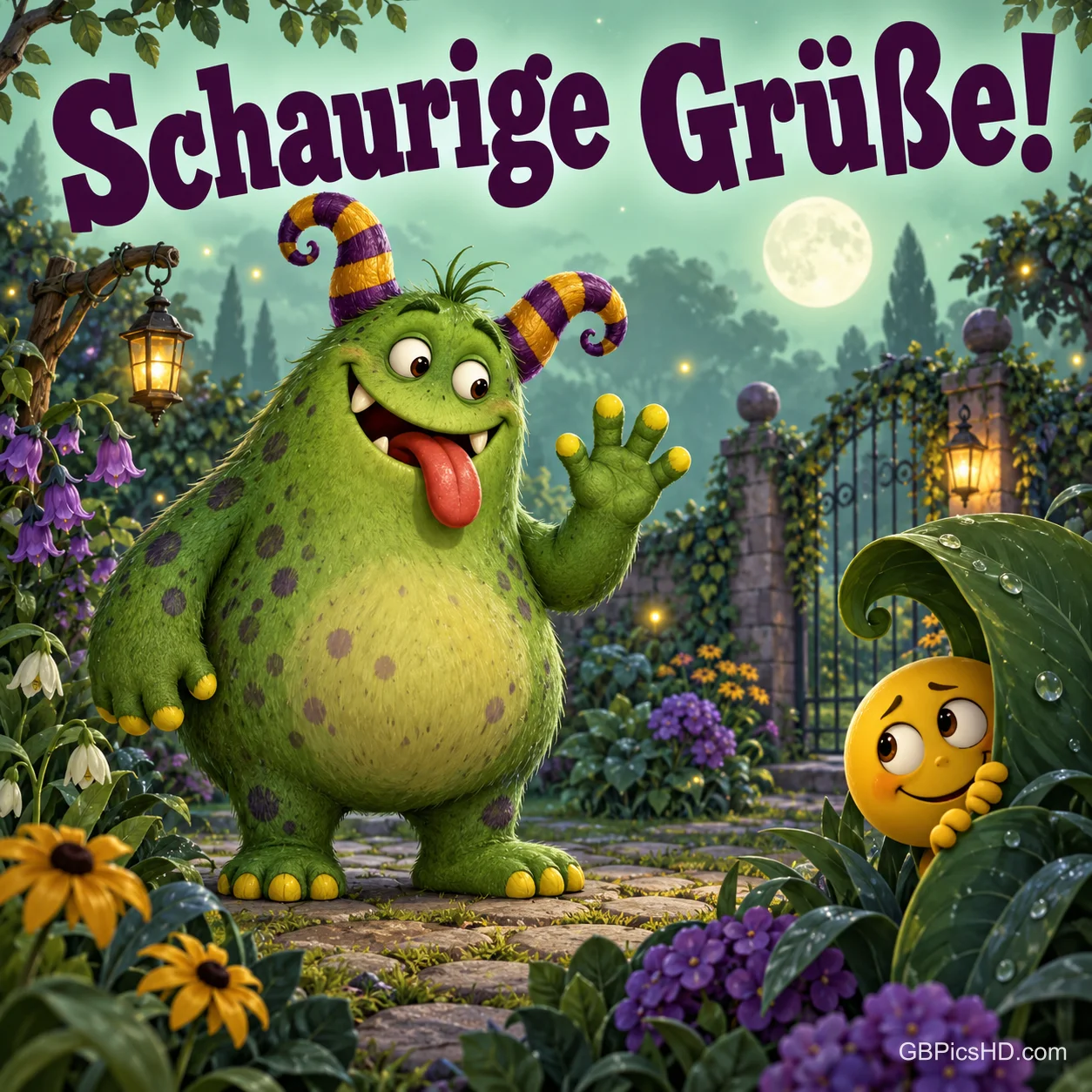 Ein grünes Fellmonster mit gestreiften Hörnern winkt in einem nächtlichen Garten, daneben ein unsicheres Smiley, dazu "Schaurige Grüße!".