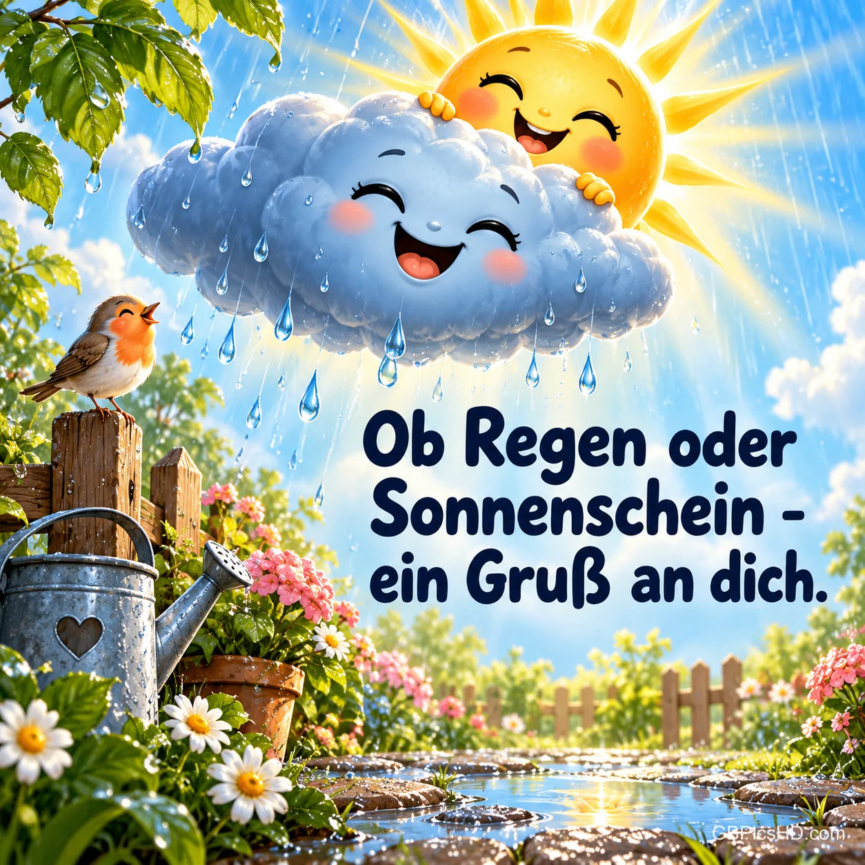 Eine lachende Regenwolke und eine Sonne über einem Garten mit Rotkehlchen und Gießkanne mit dem Spruch "Ob Regen oder Sonnenschein - ein Gruß an dich.".