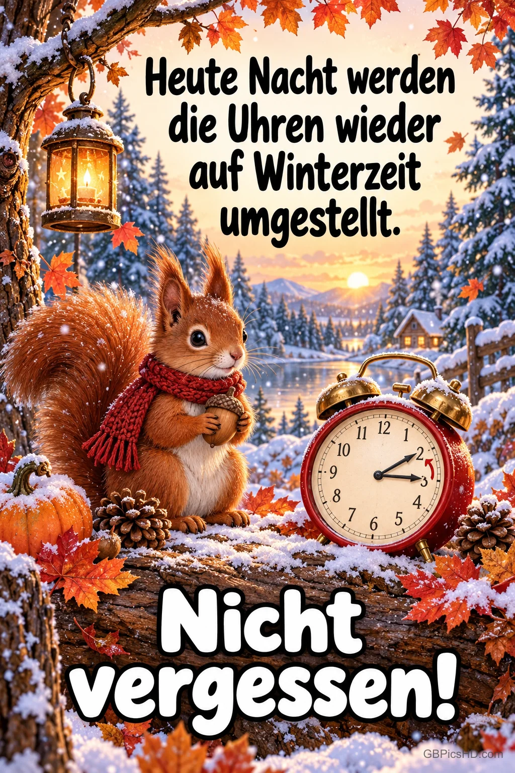 Eichhörnchen mit rotem Schal sitzt mit einer Nuss neben einem roten Wecker auf verschneitem Herbstlaub, daneben Laterne, Kürbis und Tannenzapfen