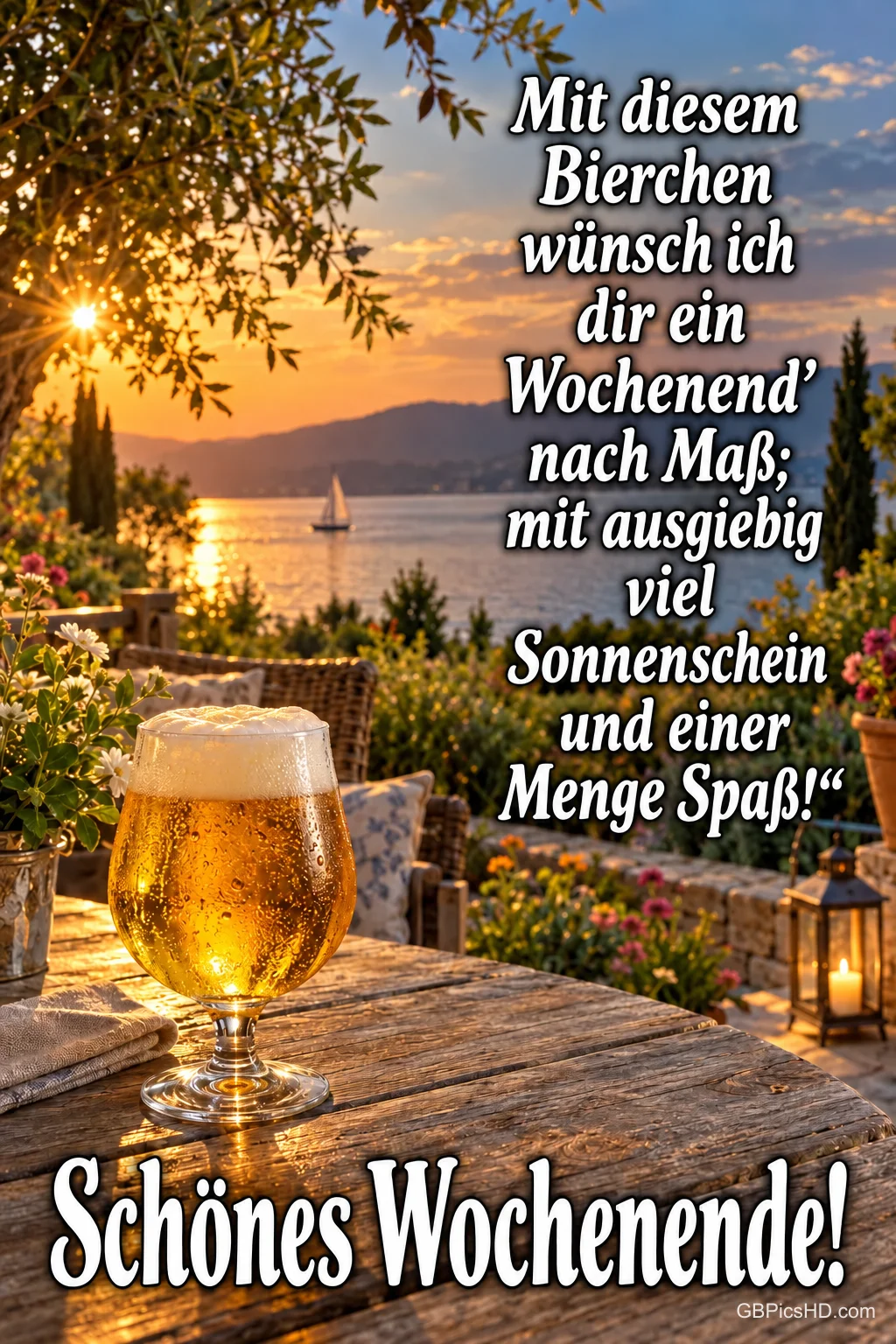 Ein Bierglas steht auf einem Holztisch vor einem See im Sonnenuntergang mit dem Gruß "Schönes Wochenende!".