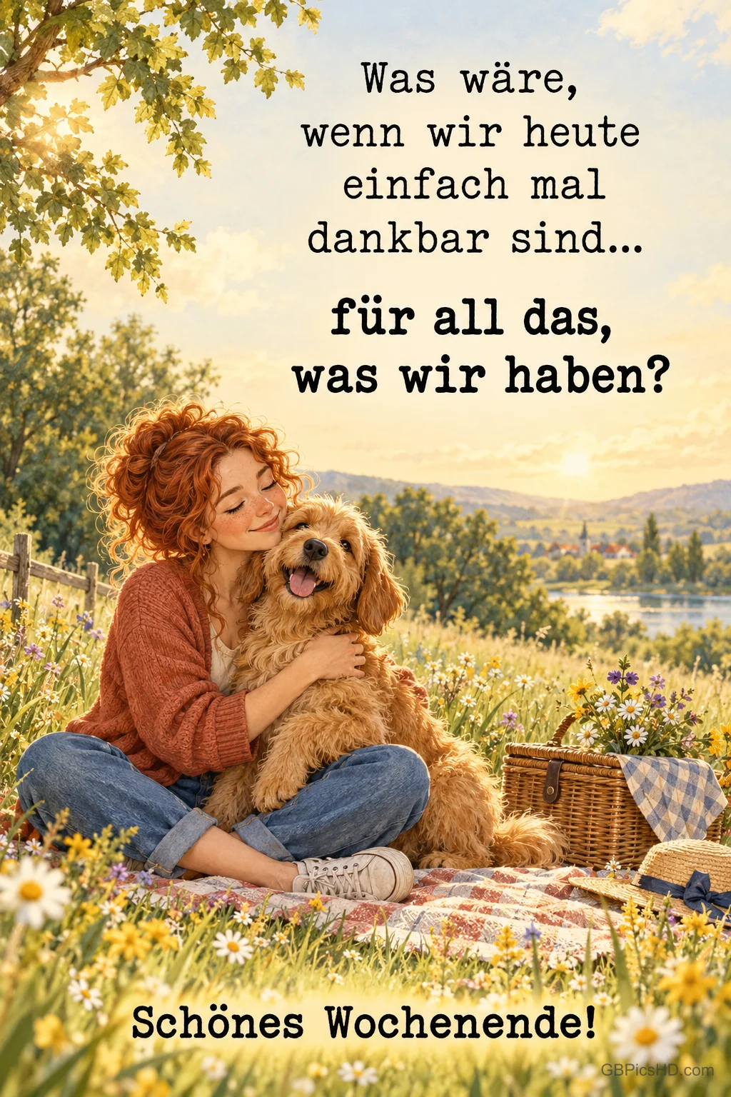Frau mit Hund auf einer Wiese: "Was wäre, wenn wir heute einfach mal dankbar sind... für all das, was wir haben? Schönes Wochenende!"
