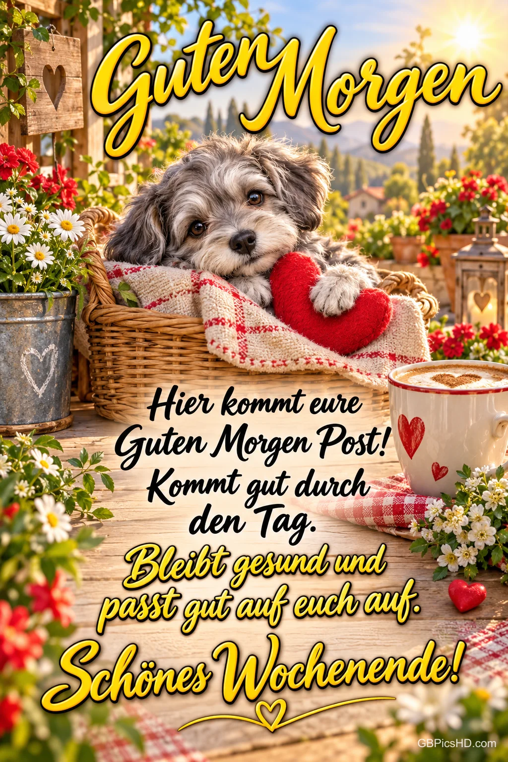 Ein kleiner Hund liegt mit einem roten Herz im Korb neben einer Kaffeetasse und Blumen; darunter steht "Schönes Wochenende!".